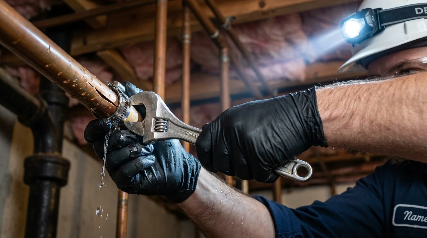 Emergency pipe clamp repair being performed by a Johns Plumbing LLC plumber in Buena Vista