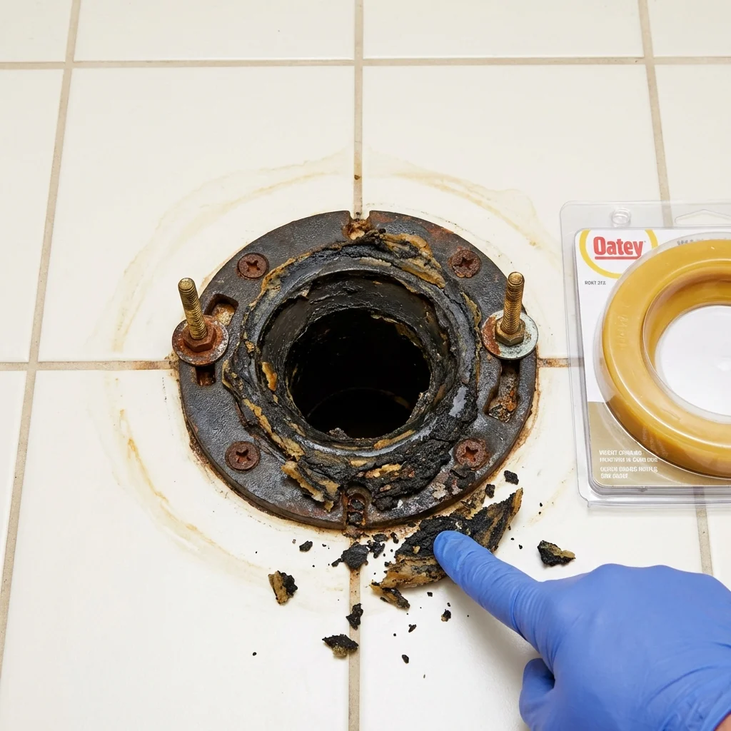 Failed wax ring showing water seepage at the base of a toilet in a Buena Vista, VA home