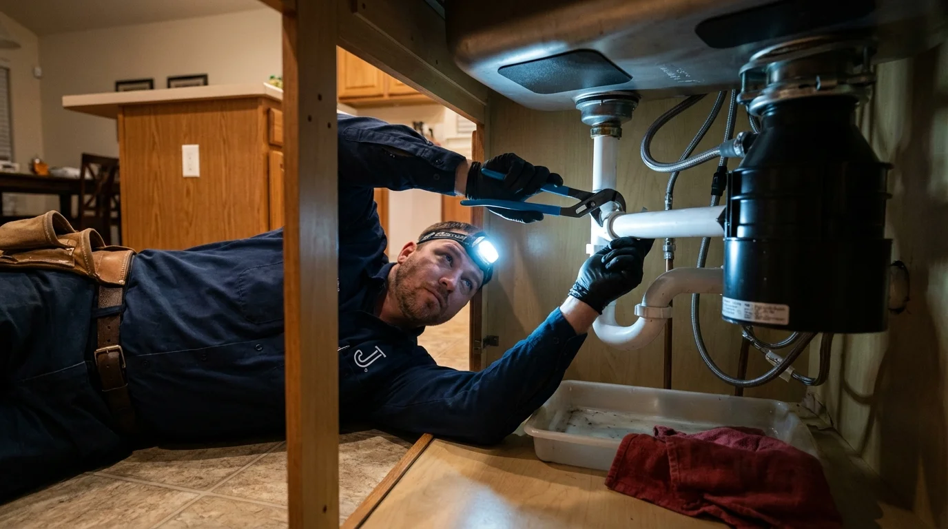 P-trap and supply line connections under a kitchen sink showing a common leak point in Buena Vista, VA
